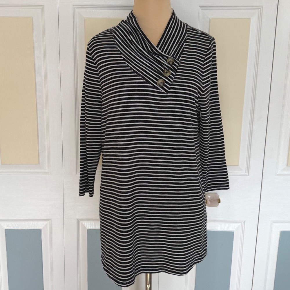 Soft Surroundings Black White Striped Shawl Collar Tunic Top Medium